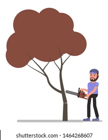 A man is sawing a tree chainsaw. Vector illustration, flat design style. Isolated on a white background.