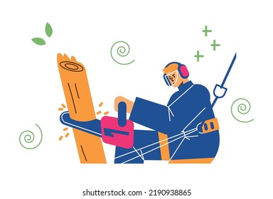 Man Sawing Tree Trunk With Chainsaw, Flat Vector Illustration Isolated On White Background. Lumberjack Or Professional Gardener Working In The Garden. Tree Pruning Service.