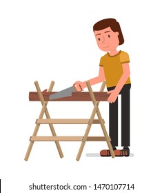 A man is sawing wood with a hacksaw. Isolated on a white background.