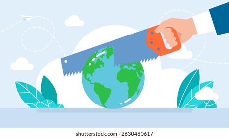 Um homem serra o planeta Terra. Crise econômica mundial de guerra, problema geopolítico ou ameaças, mudança climática ou aquecimento destruindo o conceito mundial, serrando o globo, perigo e ameaças. Ilustração vetorial