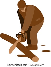 A man saws a tree lying on the ground with a hand chainsaw