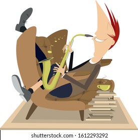Man, saxophone, armchair and a cup of coffee illustration. Smiling young man sits in the armchair and plays saxophone isolated on white
