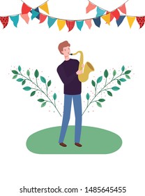 man with saxophone and branches and leaves in the background