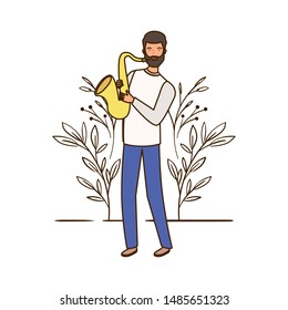 man with saxophone and branches and leaves in the background
