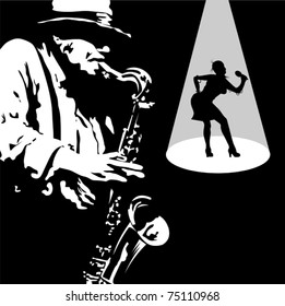 Man with saxophone on a black background;