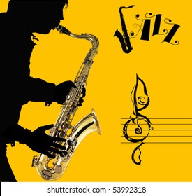 Man with saxophone on a yellow background; adult;