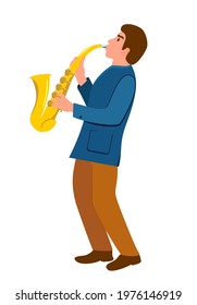Man with a saxophone. Saxophonist character. Illustration of jazz musician. Young man musician plays saxophone vector illustration. Music, hobby concept. Isolated