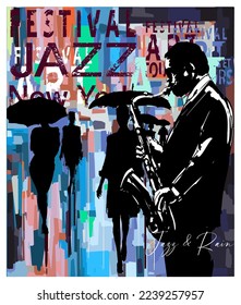 Man with a saxophone stands under rain in a street of New York - vector illustration (Ideal for printing, poster or wallpaper, house decoration) 
