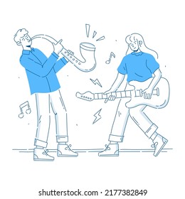 man with saxophone and woman with guitar