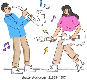 Man with saxophone and woman with guitar