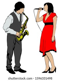 Man with saxophone and woman with microphone at concert. Isolated silhouettes of musicians on white background