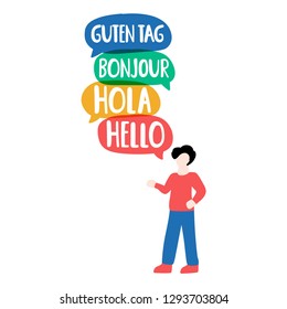 Man say hola, guten tag, bonjour, helloi. Bilingual translation concept. Vector business illustration on white background.