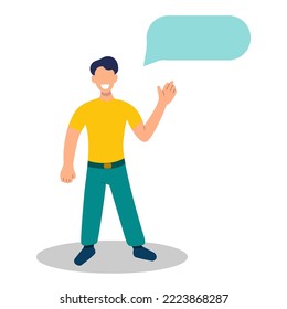 A man saying a friendly word or a phrase. Young good looking man doing greet pose and say something. Vector flat illustration.