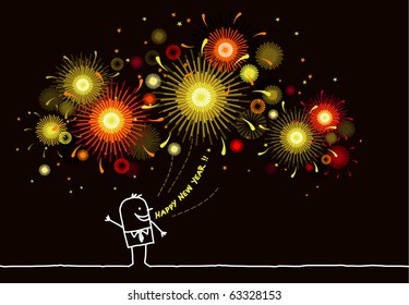 homem dizendo " feliz ano novo" e fogos de artifício
