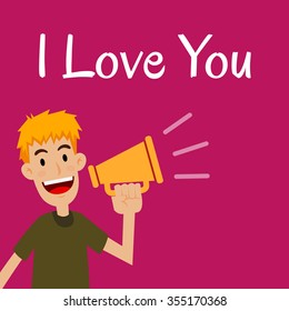 Man saying i love you with a loud speaker, vector illustration