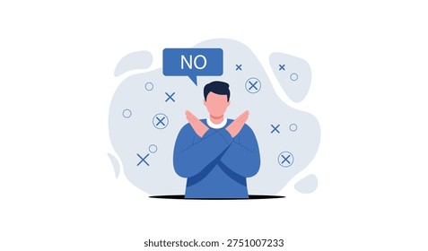 Man Saying No with Crossed Arms – Refusal and Rejection Concept Flat Vector Illustration