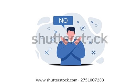 Man Saying No with Crossed Arms – Refusal and Rejection Concept Flat Vector Illustration