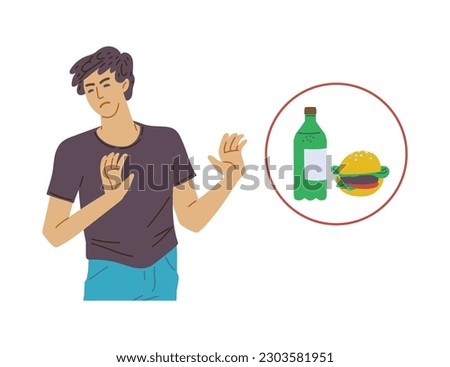 Man saying no and refusing unhealthy fast food, flat cartoon vector illustration isolated on white background. Healthy lifestyle and quitting bad nutrition habits.