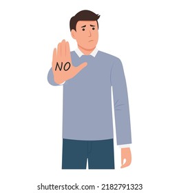 Hombre diciendo que no con el rechazo de los gestos de mano y la expresión facial negativa. Fondo blanco de ilustración vectorial plana