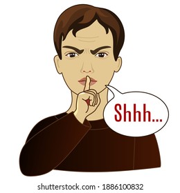 A man saying Shh h emoji, emoticon with keep silent gesture, a finger on mouth pose, silence! stop talking! or shut up! expression, vector hand drawing