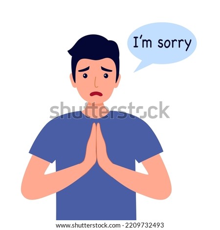 Man saying I’m sorry in flat design on white background. Apologize.