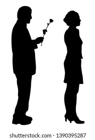 Man saying sorry and giving a rose to offended woman.  Woman ignore apologize and turning her back to man.