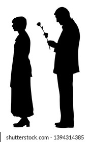 Man saying sorry and giving a rose to offended woman.  Woman ignore apologize and turning her back to man.