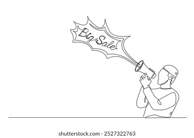 Man says big sale with megaphone in continuous one line drawing. Single line art illustration of big sale, discount, shopping concept. Editable vector.