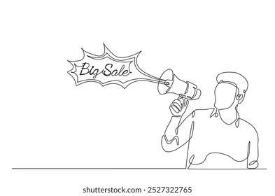 Man says big sale with megaphone in continuous one line drawing. Single line art illustration of big sale, discount, shopping concept. Editable vector.