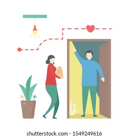 Man says hello to woman that hold the boxes. Couple of love design for winter season. Vector illustration in flat style.