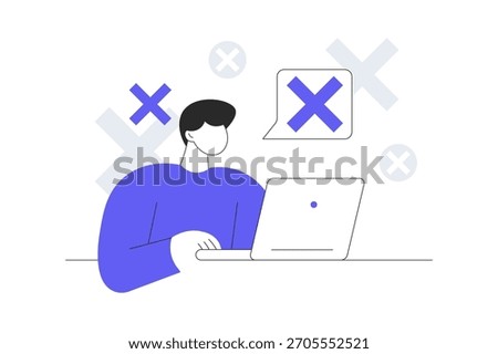 Man says no and makes stop gesture, forbids something and expresses disagreement. x symbol. No means no concept. Flat Cartoon Vector Illustration, icon Stylish abstract design landing page web
