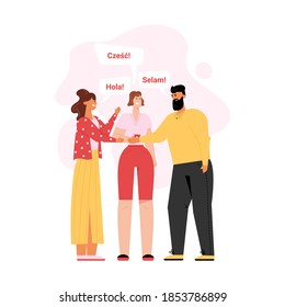 Man says Selam, woman says Hola or says polish Hello. People greeting in different languages. Foreign phrases from native speakers. Vector character illustration of international communication