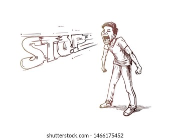 A man says stop. Hand Draw sketch design illustration design