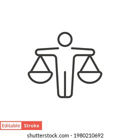 Man with scales icon. Simple outline style. Integrity, lawyer, person, justice, legal, law, judge, balance, equality concept. Vector illustration isolated on white background. Editable stroke EPS 10.