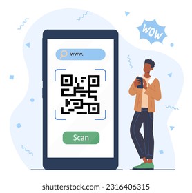 Man scan QR code vector concept. Young guy with smartphone. Online shopping, cashless payment. Shortened link and page address. Barcode and QRcode reader. Cartoon flat illustration