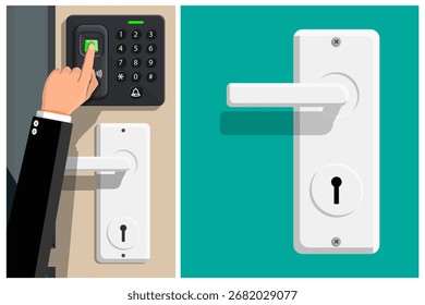 Man scanning finger on biometric access control system. Fingerprint scanner and door handle for security concept. Flat style vector set illustration.