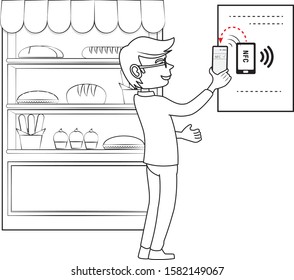 man scanning NFC chip using smartphone from a poster in a bakery shop