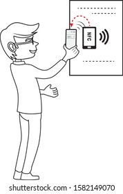 man scanning NFC chip using smartphone from a poster