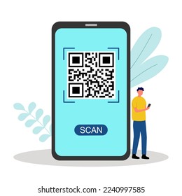 Man scanning QR code on mobile phone screen in flat design on white background.