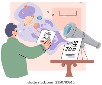 Man scanning qr code for payment via smartphone, concept of smart technology for internet and mobile cashless transaction. Quick response system electronic transfer, search for information by barcode