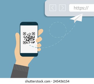 Man is scanning QR code via smartphone app then following the link to webpage