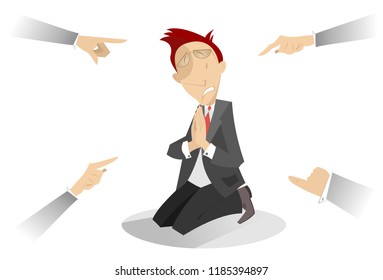Man scapegoat crying and standing in the kneels concept illustration. Crying and standing in the kneels man surrounded by hands point fingers to him isolated on white illustration vector
