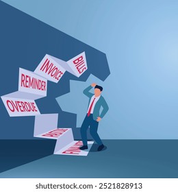 A man is scared with a bill envelope monster that opens like a mouth, illustration of overdue bills, financial problems, budgeting failure, financial planning failure.