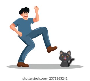 Man scared of a black cat, concept of superstition, halloween, vector illustration with white background