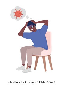 Hombre asustado por el carácter vector de color semiplano del coronavirus. Sentado. Persona de cuerpo entero sobre blanco. Preocupaciones pandémicas simple ilustración de estilo de dibujos animados para diseño gráfico web y animación