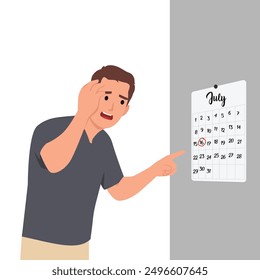 Man scared of deadline looking at calendar. Flat vector illustration isolated on white background