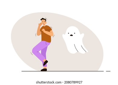 Man scared of ghost. Fear of paranormal spirits, necrophobia. Phobia, psychological problem, anxiety and mental health concept. Modern flat vector illustration