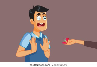 
Man Scared of Marriage and Commitment Receiving Proposal Vector Cartoon. Guy refusing engagement ring from her girlfriend 
