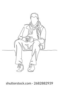 Man in scarf and jacket sitting and using phone. Continuous line drawing. Black and white vector illustration in line art style.