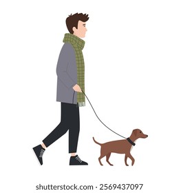 Man in a scarf walks with a dog. Flat vector illustration isolated on white background